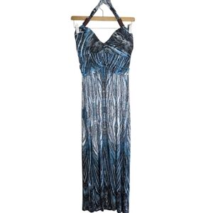 NWT Shoreline | Blue & Gray Print Halter Style Maxi Dress Wood Bead Strap Detail
